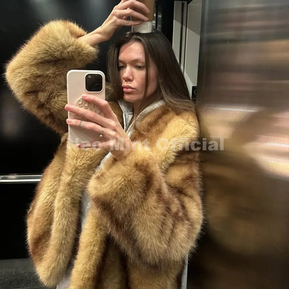 Women’s Luxury Yellow Striped Faux Fur Coat