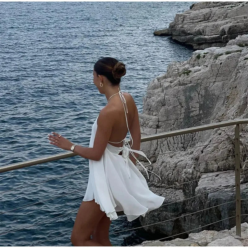 Chic Backless Pleated Tie Mini Dress