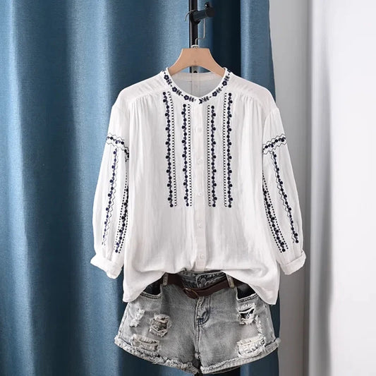 Boho Bloom Embroidered Cotton Shirt