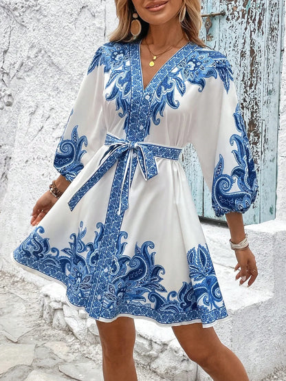 Golden Breeze V-Neck Tie Dress
