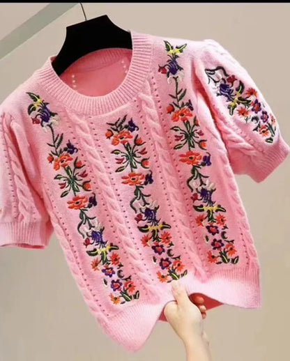 Embroidered Grace Puff Sleeve Knit