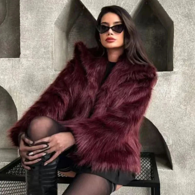 Plush Burgundy Crop Fur Jacket