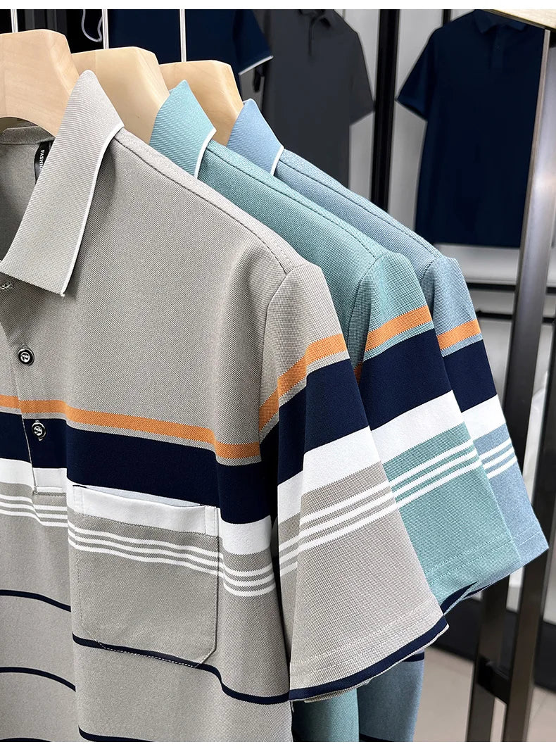 Luxury Color-Block Striped Polo Shirt