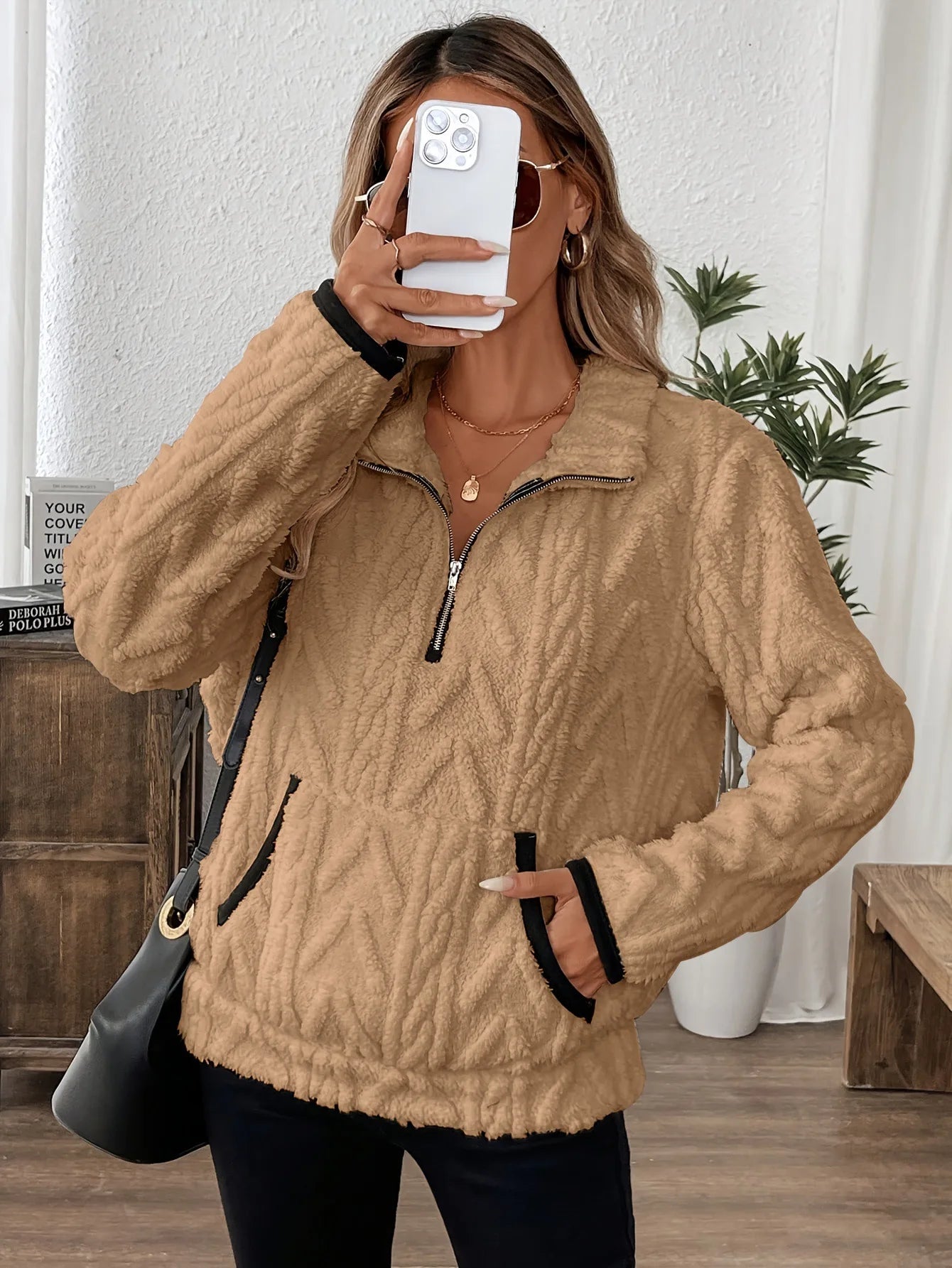 Wool Blend Patchwork Zip Hoodie