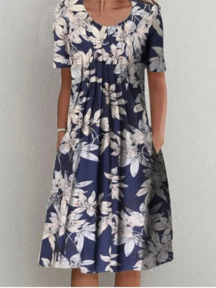 Floral A-line Round Neck Home Dress