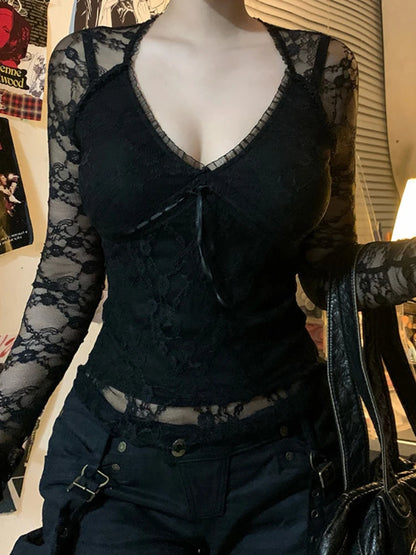 Goth Lace Sheer Patchwork Crop Top