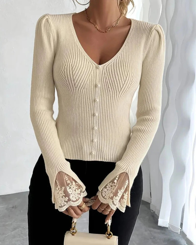 Lace V-Neck Knitted Top — Elegant Slim Winter Sweater