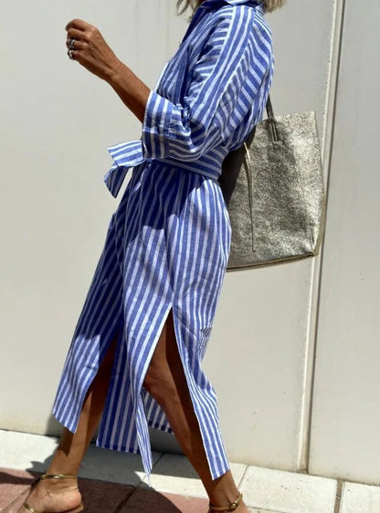Blue and White Striped Split Shirt Dress