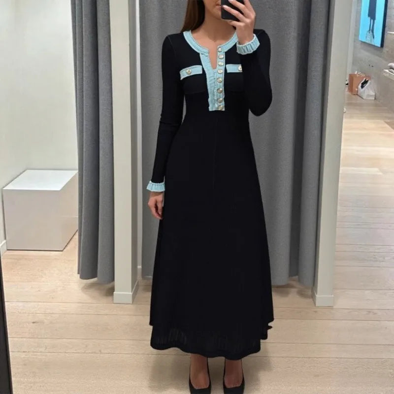 Slim Swing Maxi Dress — Knitted Denim Long Sleeve