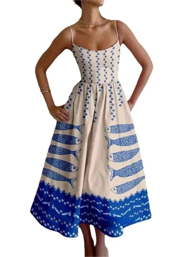 Fish & Shrimp Print Maxi Dress