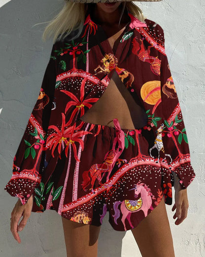 Printed Button Shirt and Shorts Set