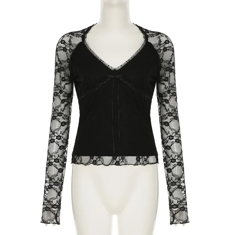 Goth Lace Sheer Patchwork Crop Top