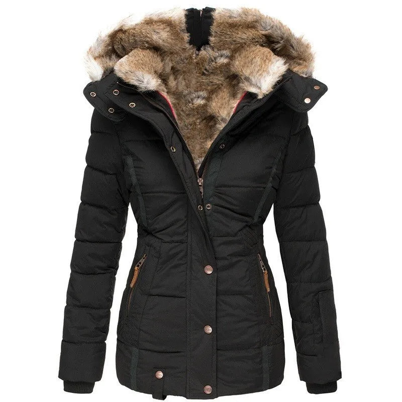Autumn Winter Plush Lining Hooded Cotton Jacket