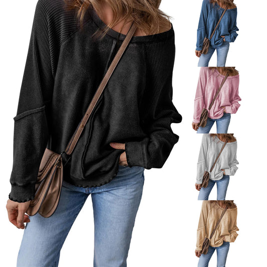 Patchwork Charm Waffle Knit Pullover