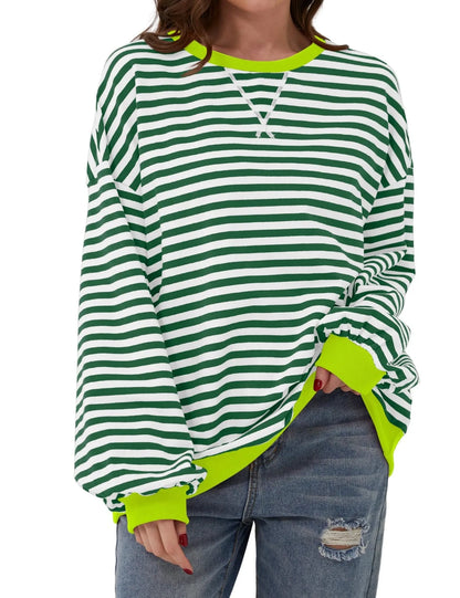Women's Striped Crew Neck Long Sleeve Pullover Sweater for Fall/Winter Homewear