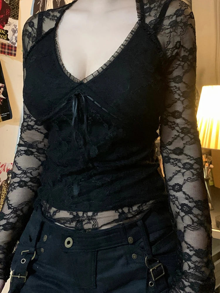 Goth Lace Sheer Patchwork Crop Top
