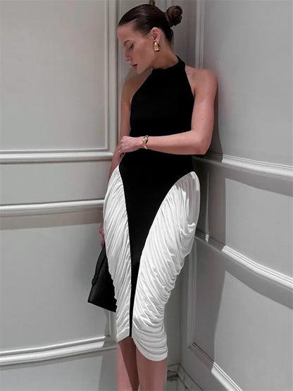 Elegant Patchwork Halter Midi Dress