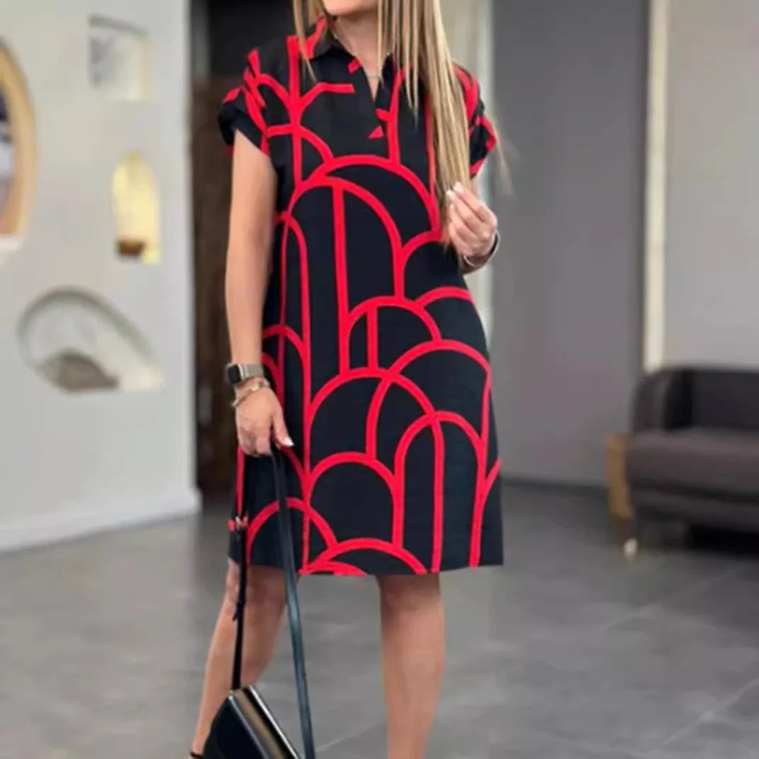 Elegant Summer V-Neck Printed Dress with Pockets