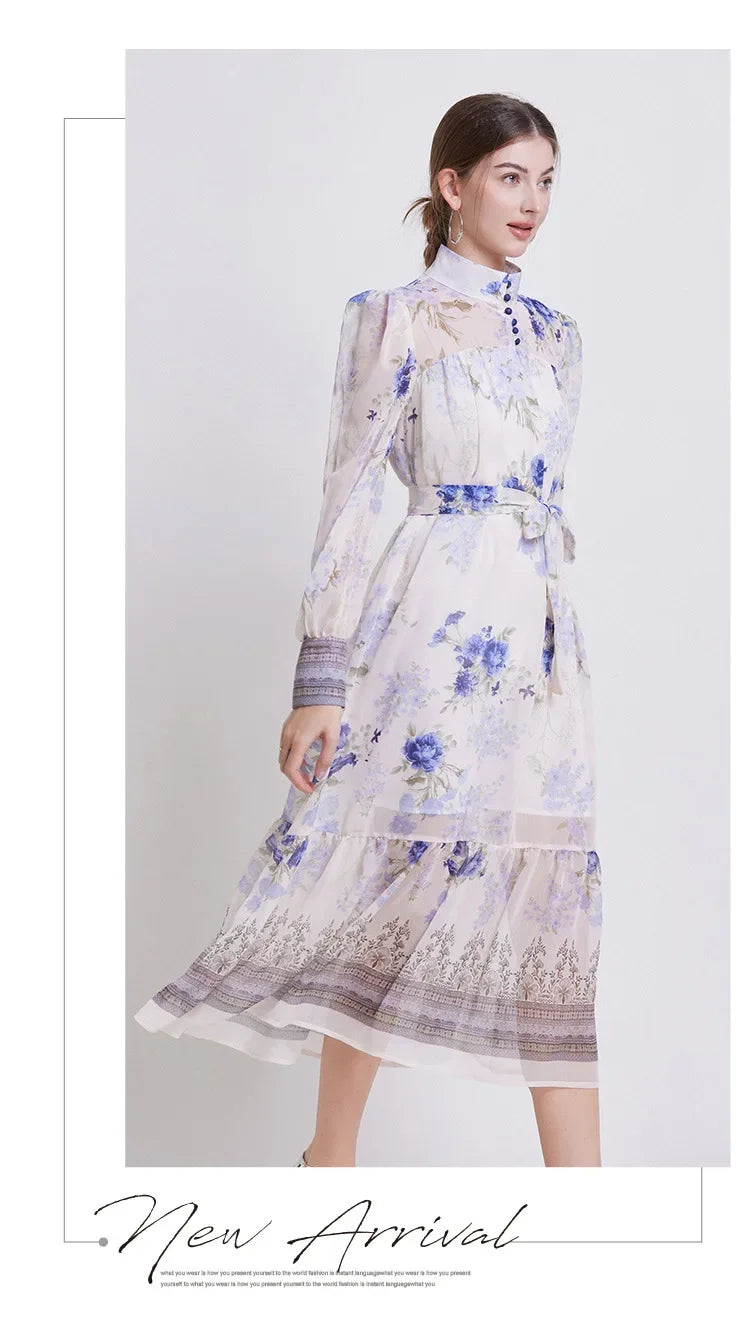 Floral Chiffon Waist Cinching Dress