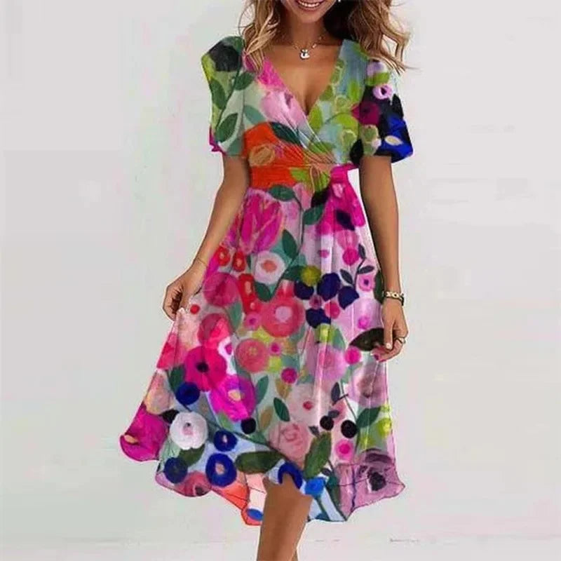 Printed V-Neck Knee Dress