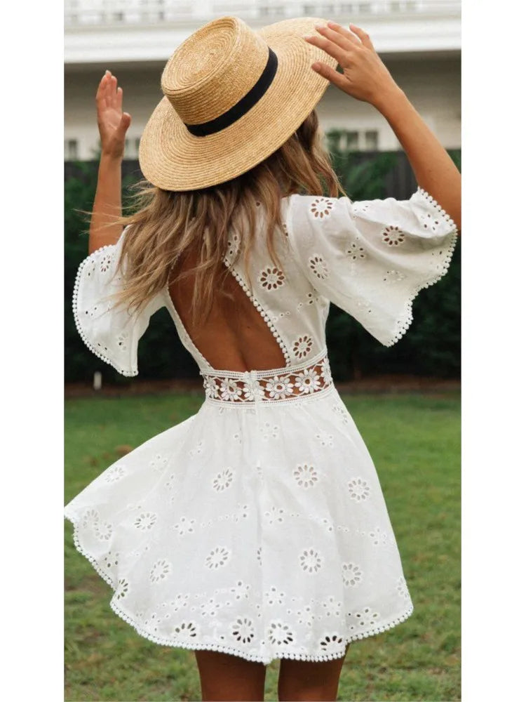 Embroidered Bloom Backless Cotton Dress