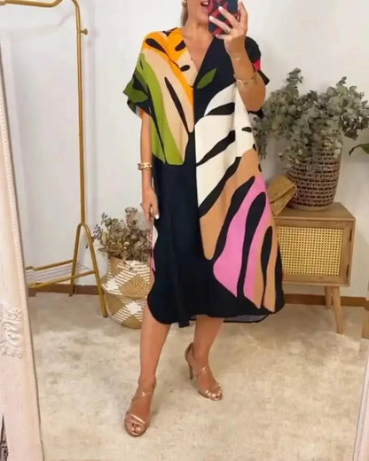 Printed V Neck Loose Summer Dress