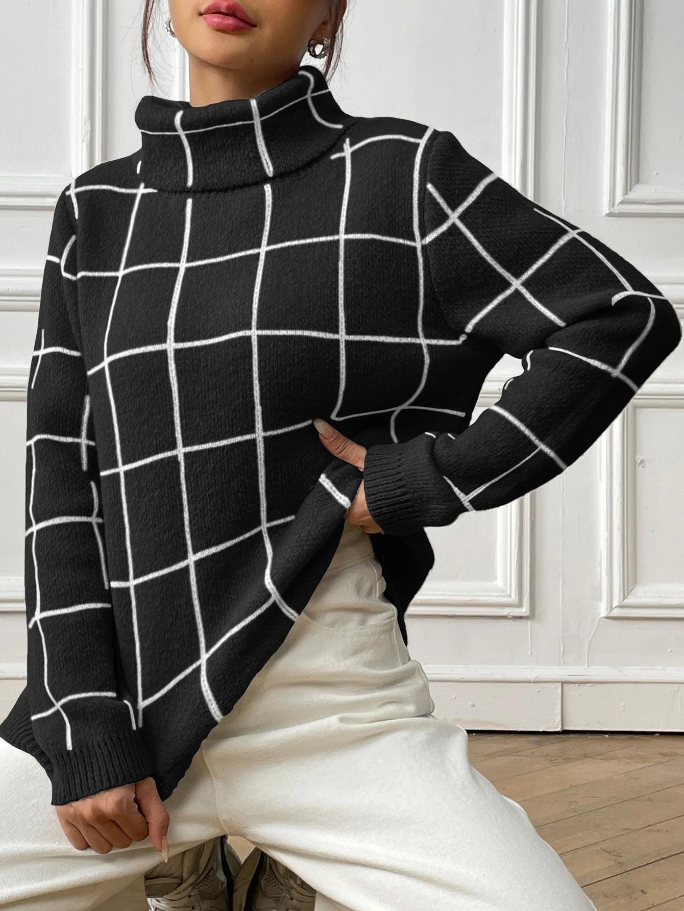 Plaid Muse Turtleneck Knit Sweater