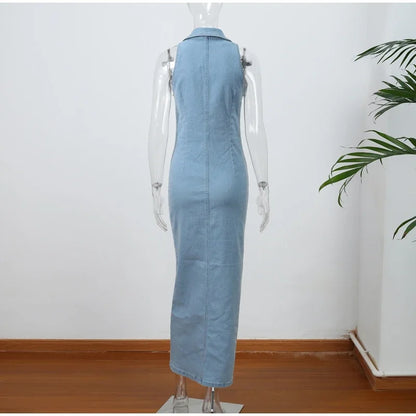 Urban Edge Denim Slit Maxi Dress