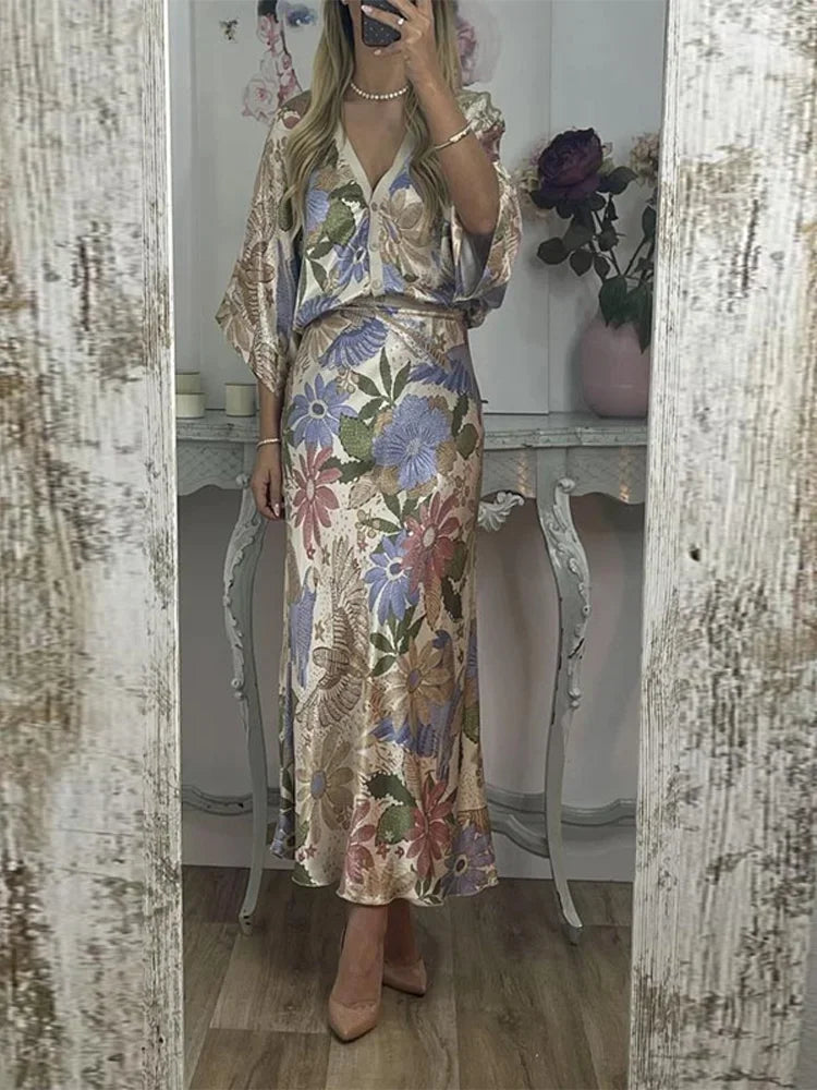 Sophisticated Printed V-Neck Skirt Set