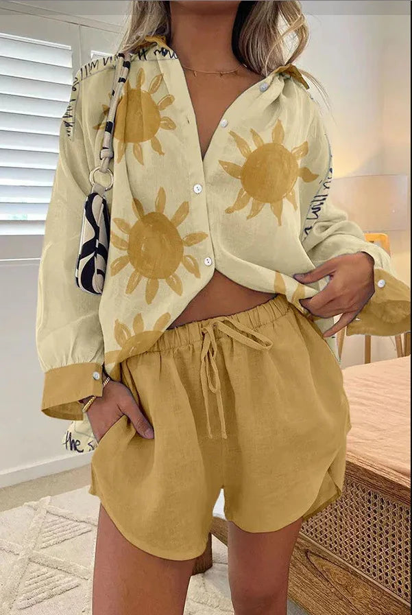 Printed Button Shirt and Shorts Set