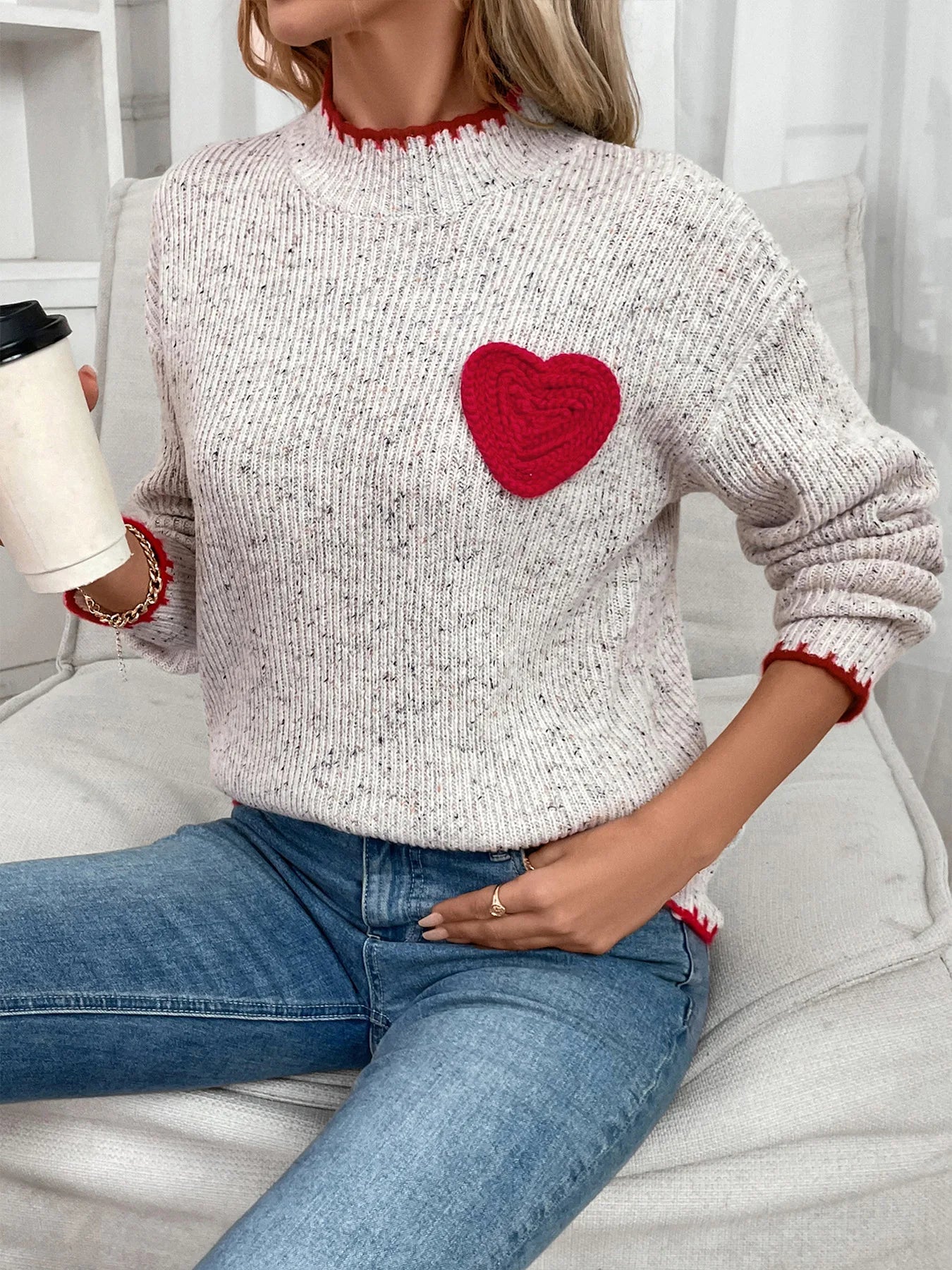 Cozy Heart Half-Turtleneck Sweater