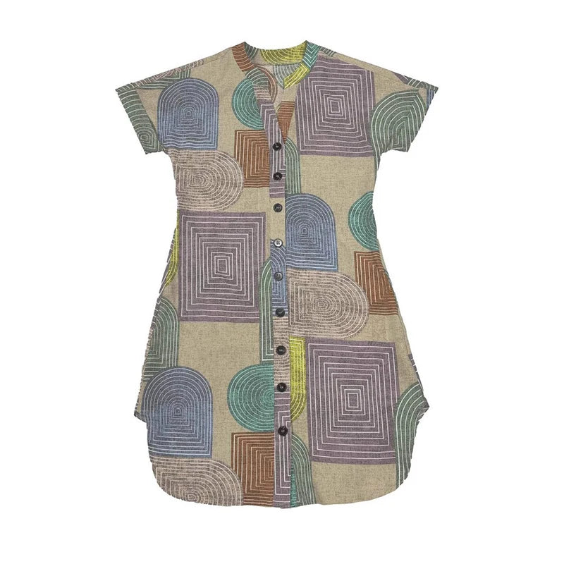 Chic Geo Print V Neck Button Dress