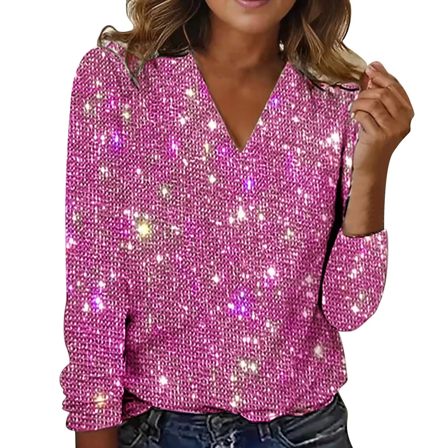 Elegant Women’s Sequin V-Neck Blouse