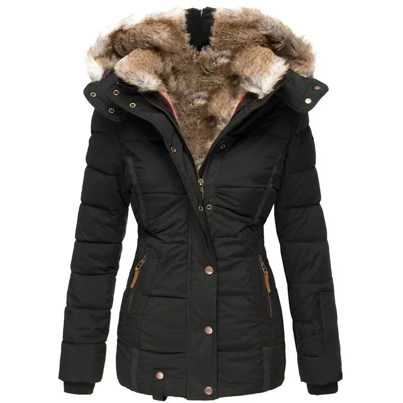 Women’s Hooded Cotton Coat — Slim Warm Fur Collar Jacket