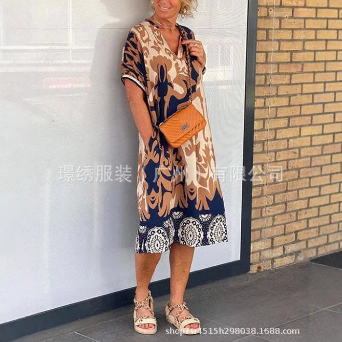 Elegant Floral Print V-Neck A-Line Dress