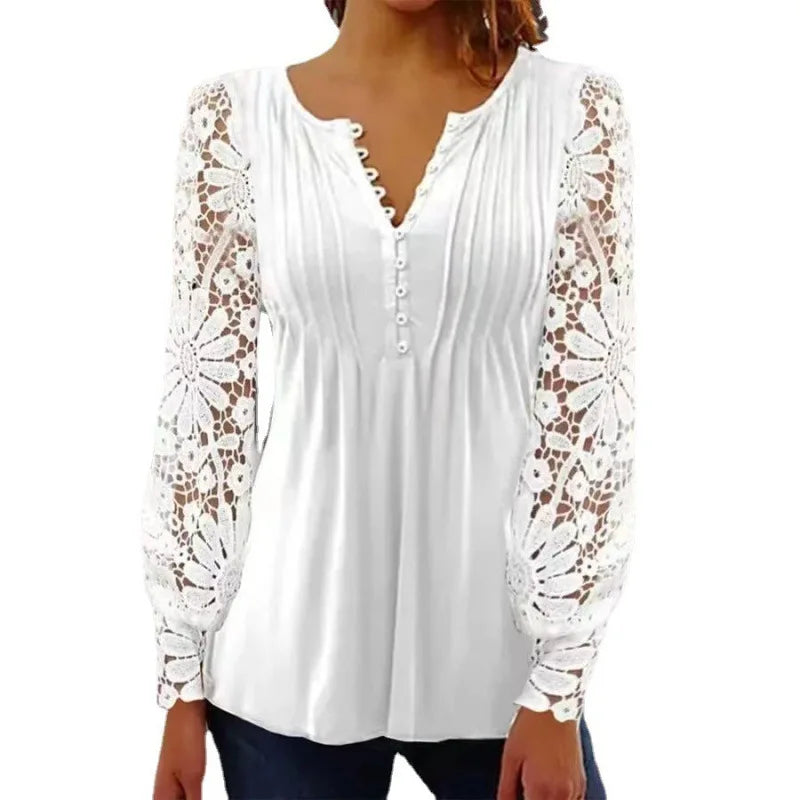 Sexy Lace V-Neck Pleated Blouse