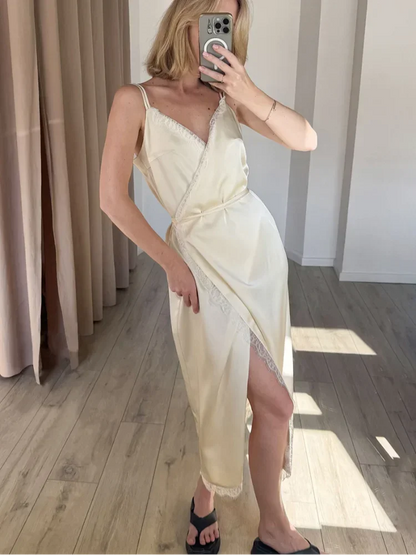 Satin Glow Lace Splice Dress