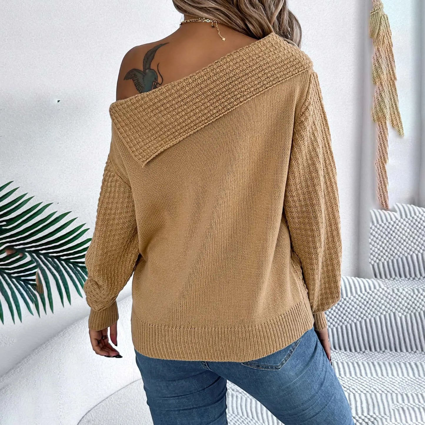 Sultry Draped Shoulder Knit Sweater