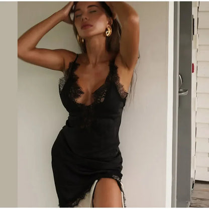 Satin Glow Lace Splice Dress