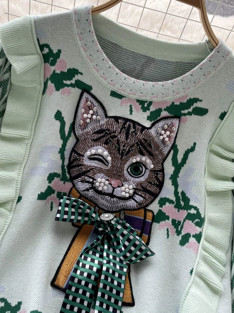 Whimsical Charm Cat Embroidered Sweater