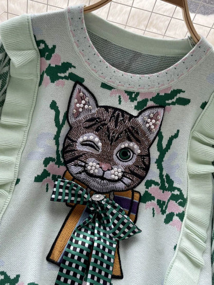 Whimsical Charm Cat Embroidered Sweater