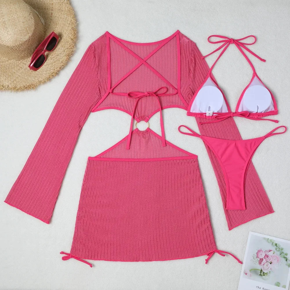 3-Piece Crochet Bikini & Cover-Up Set