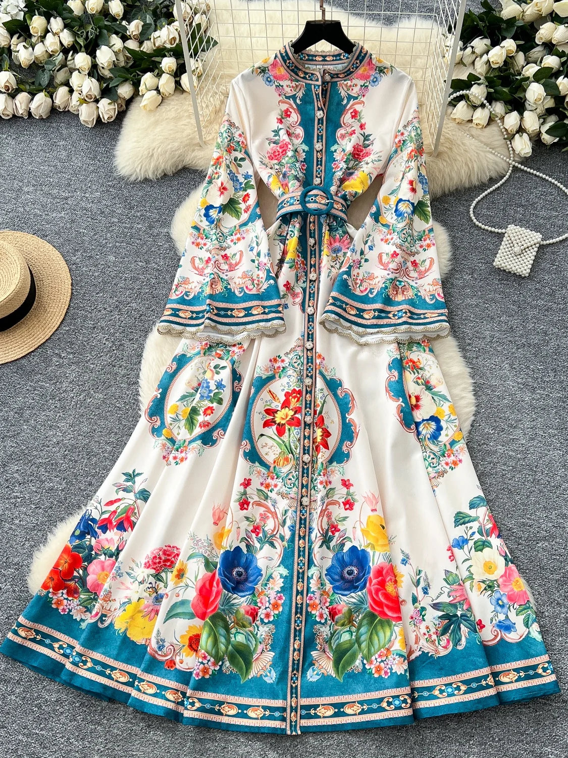Royal Bloom Cinched Waist Maxi Dress