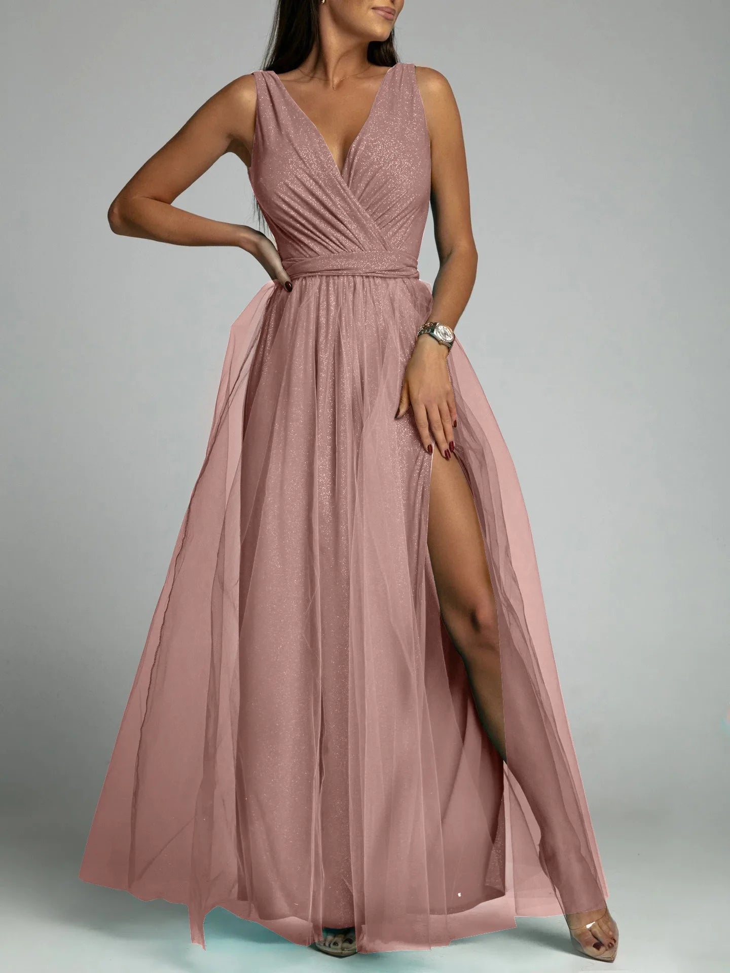 Elegant Mesh V-Neck Slit Dress