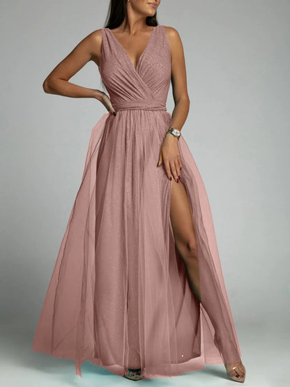 Elegant Mesh V-Neck Slit Dress