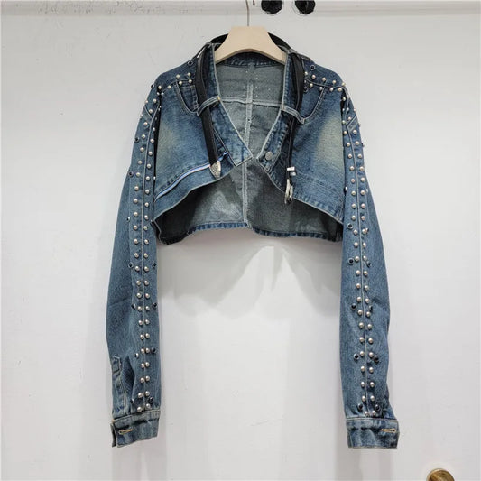 Edge Craze Rivet Patchwork Denim Jacket
