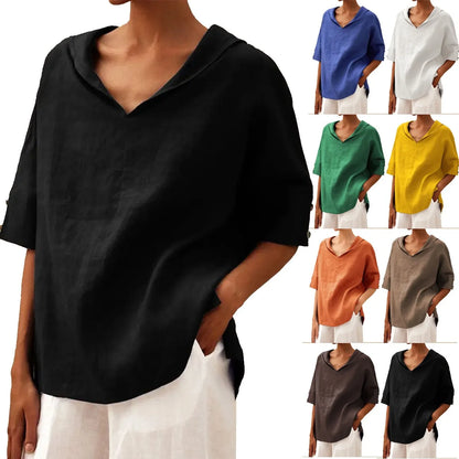 Solid Cotton Linen Hooded Blouse