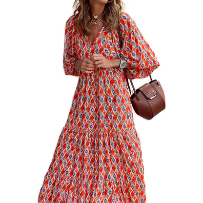 Geometric Print Bubble Sleeve Dress
