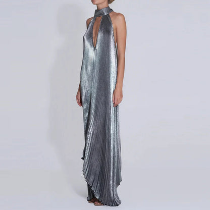 Gilded Glow Halter Swing Dress
