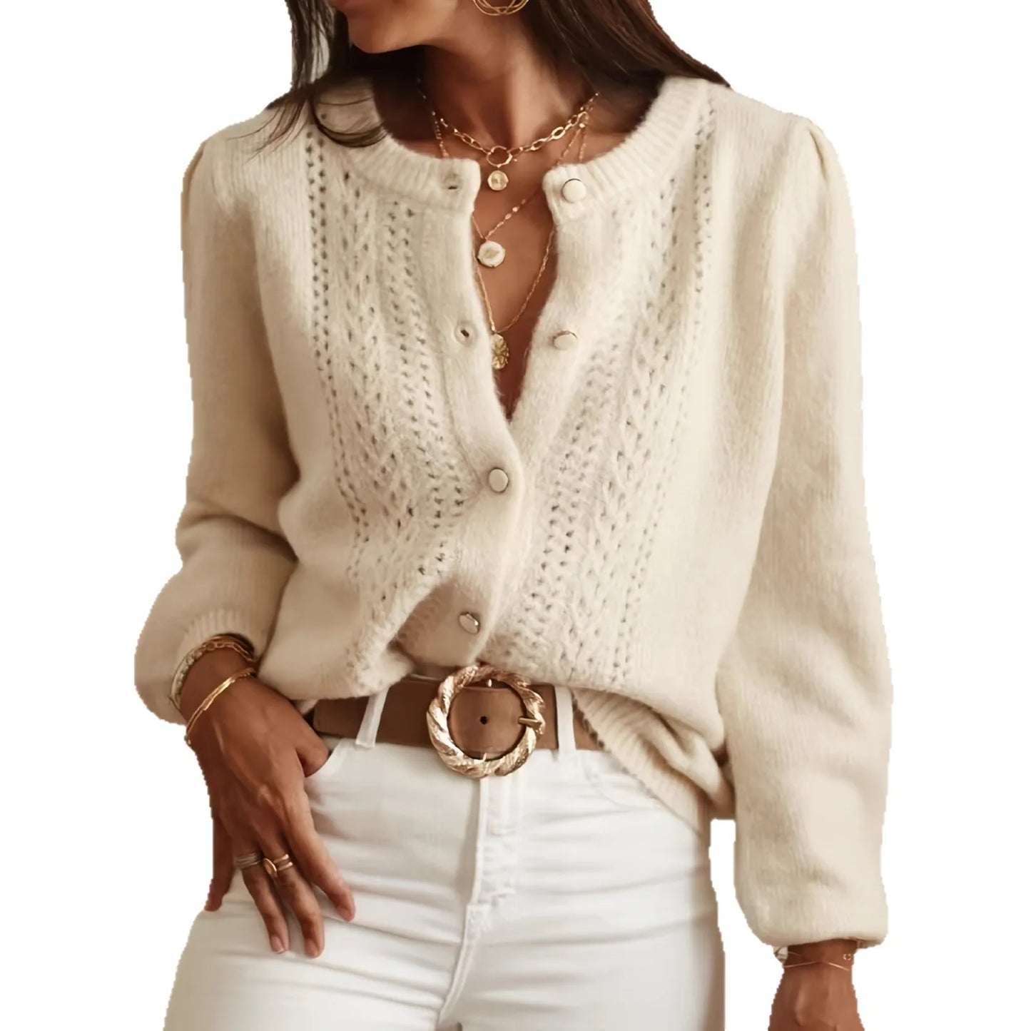 Elegant Hollow-Knit V-Neck Cardigan